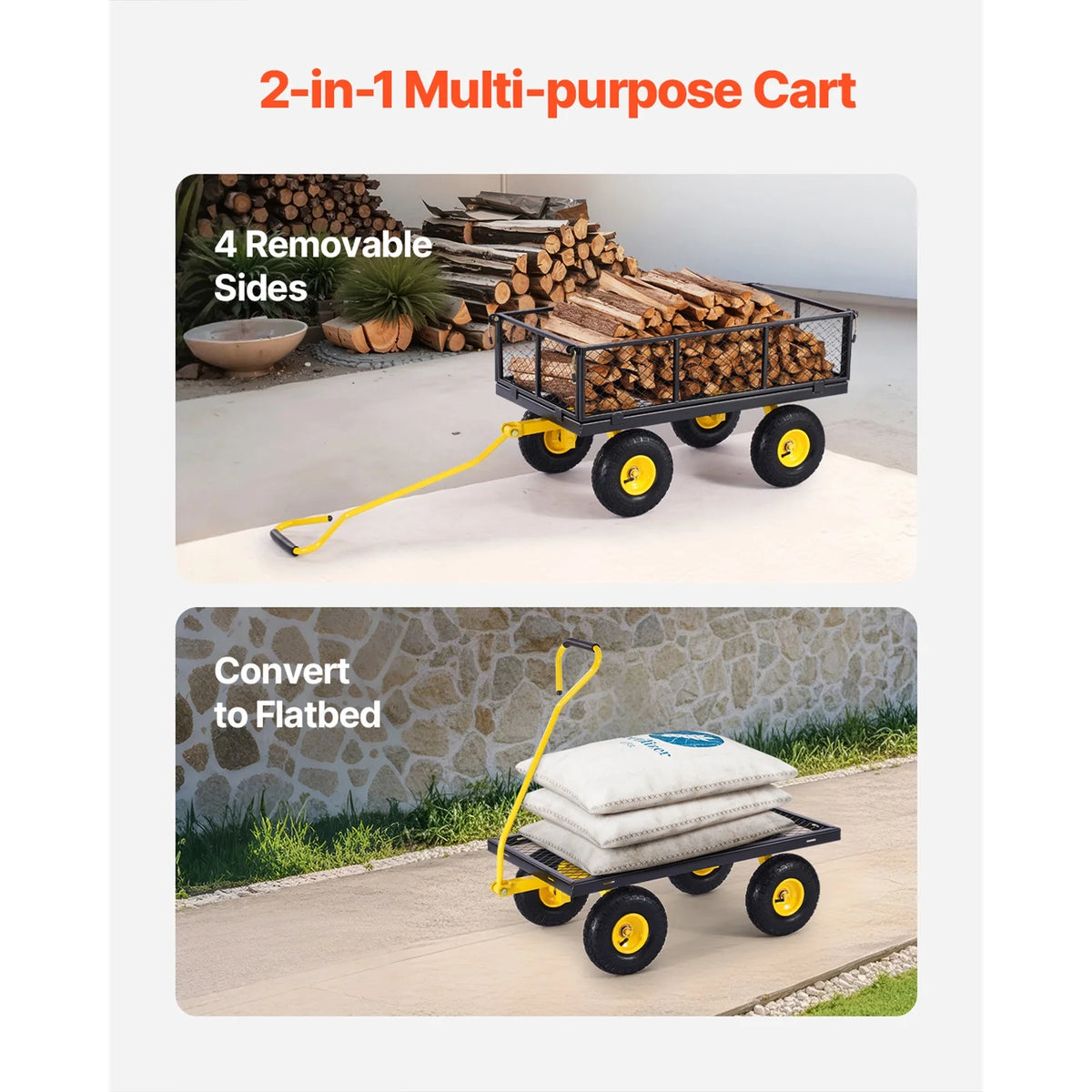KFFKFF Mesh Steel Garden Cart 900 lb, 38 x 22 " Heavy Duty Utility Wagon Cart, Metal Garden Trolley with 10" Wheels, Removable Mesh Sides, 180swiveling Handle (Green)