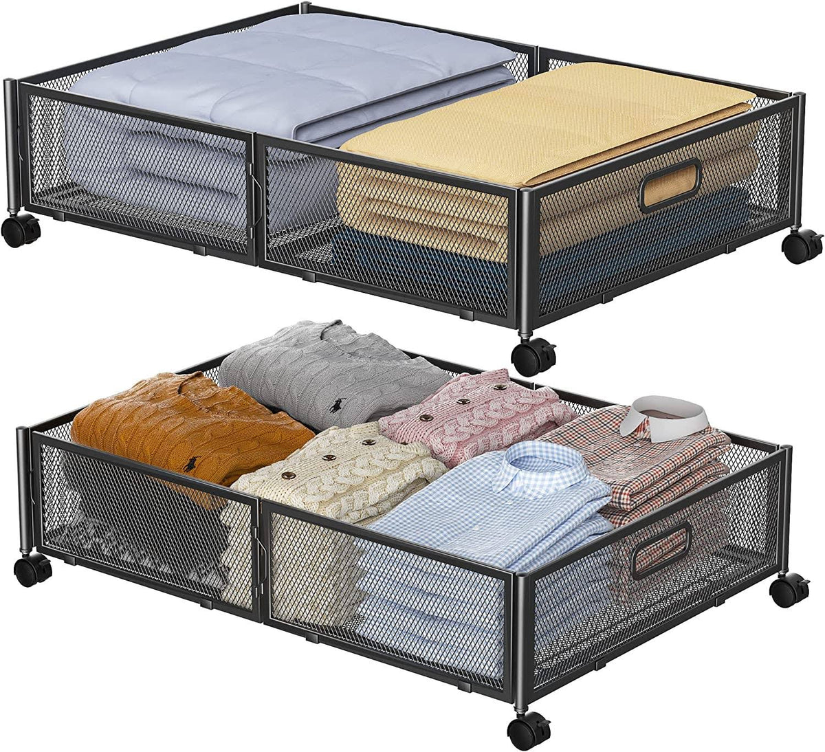 BIETCR Under Bed Storage Containers with Wheels,Metal Underbed Storage Organizer Drawers for Bedroom Clothes Shoes Blankets (2PCK.BLACK)