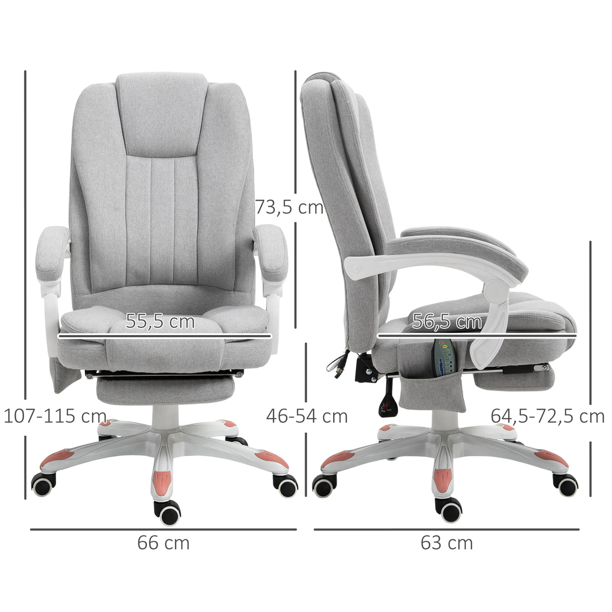 Vinsetto Massage Sessel, Bürostuhl, Gaming Stuhl, Polyester, Schaumstoff, Nylon, Grau, 66 x 63 x 107-115 cm