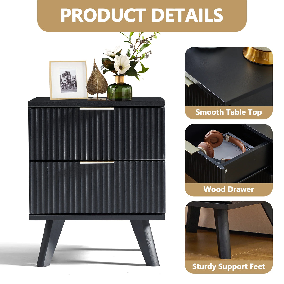 YOCWO Fluted Nightstand for Bedroom Set of 2, Wood Bedside Table Set of 2 with Drawers, Black