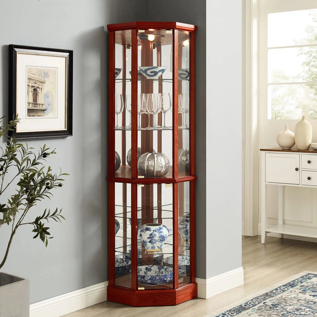 Walnut Cabinet with 6 Shelves, Adjustable Glass & Mirrored Back Design Shelf Lighted Corner Curio Shelves in