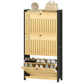 HOMCOM Schuhschrank 18 Paare mit 3 kippbaren Schubladen, Gittertüren aus Bambus, 60x24x118cm, Schwarz und Naturholz