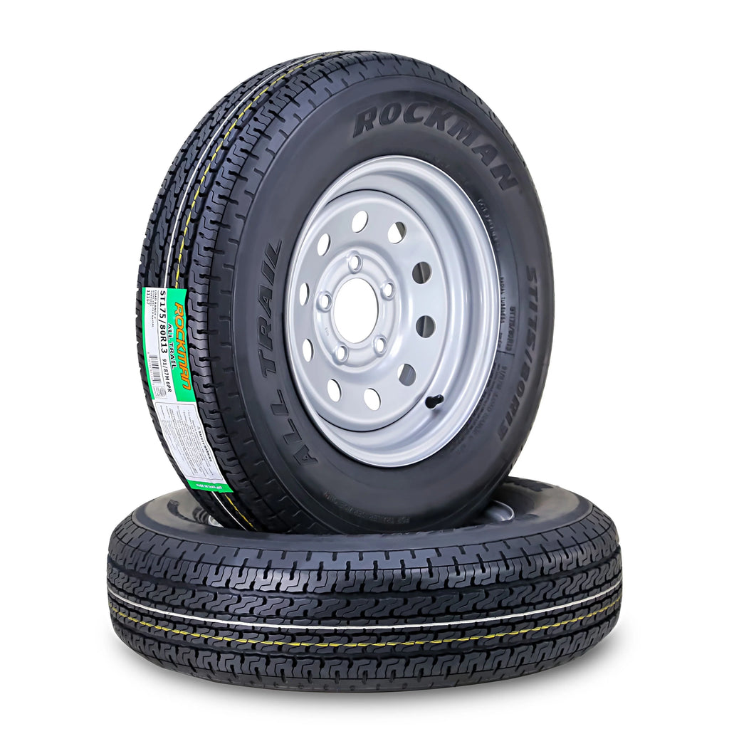 ROCKMAN Trailer Tire Wheel Assembly ST175/80R13 6 - Ply C 91M 5 Lug on 4.5" PCD Silver Mod Rim, SET 2