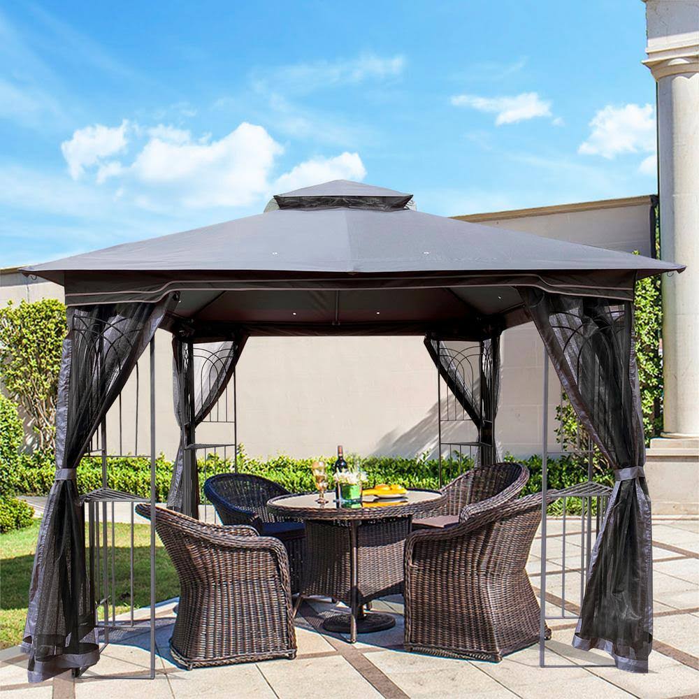 10 ft. x 10 ft. Grey Top Outdoor Patio Gazebo Canopy Tent with Ventilated Double Roof and Mosquito Net (Gazebo)