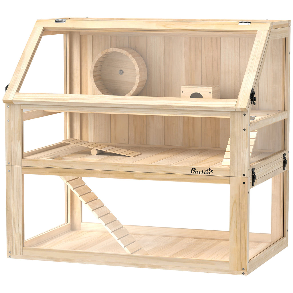 PawHut Hamsterkäfig aus Holz 3 Etagen Nagarium Nagerkäfig mit klappbarem Deckel Laufrad 80 x 50 x 76 cm Naturholz