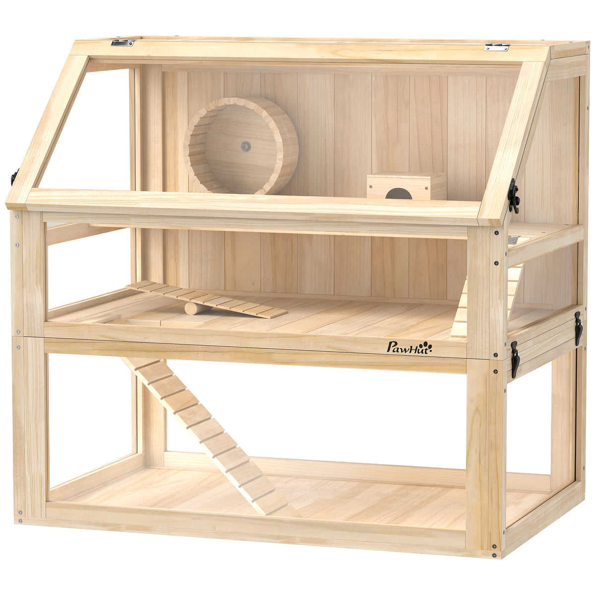 PawHut Hamsterkäfig aus Holz 3 Etagen Nagarium Nagerkäfig mit klappbarem Deckel Laufrad 80 x 50 x 76 cm Naturholz