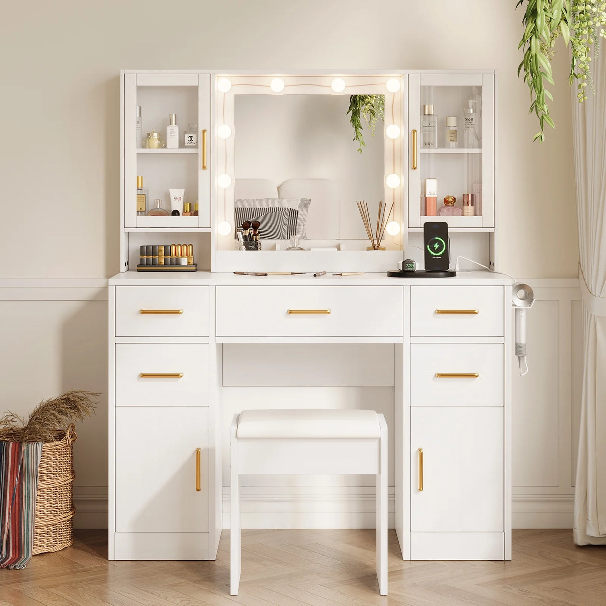UGTOO 58.3" White Vanity Desk with Mirror, Adjustable Lighting, Power Outlet, Drawers, with Stool