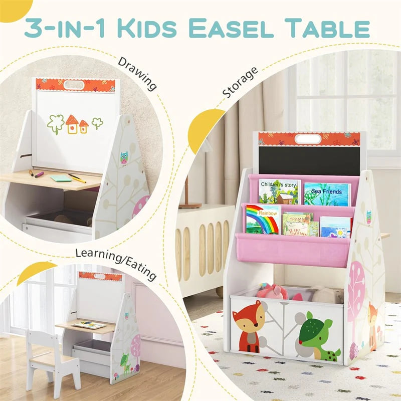 3-in-1 Kids Art Easel with Chair, Wooden Toddler Easel Table & Chair Set w/ Double-Sided Magnetic Whiteboard & Chalkboard, Bookshelf, Storage