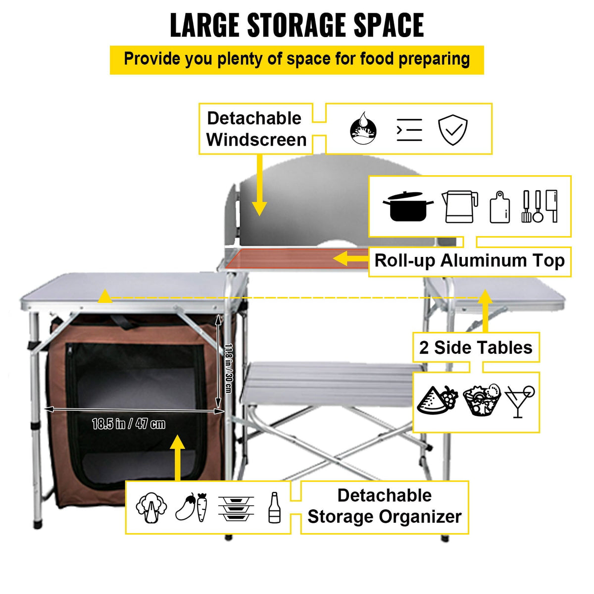 Camping Kitchen Station. Aluminum Portable Folding Camp Cook Table with Windshield. Storage Organizer and 4 Adjustable Feet. Quick Installation for Outdoor Picnic Beach Party Cooking. Brown