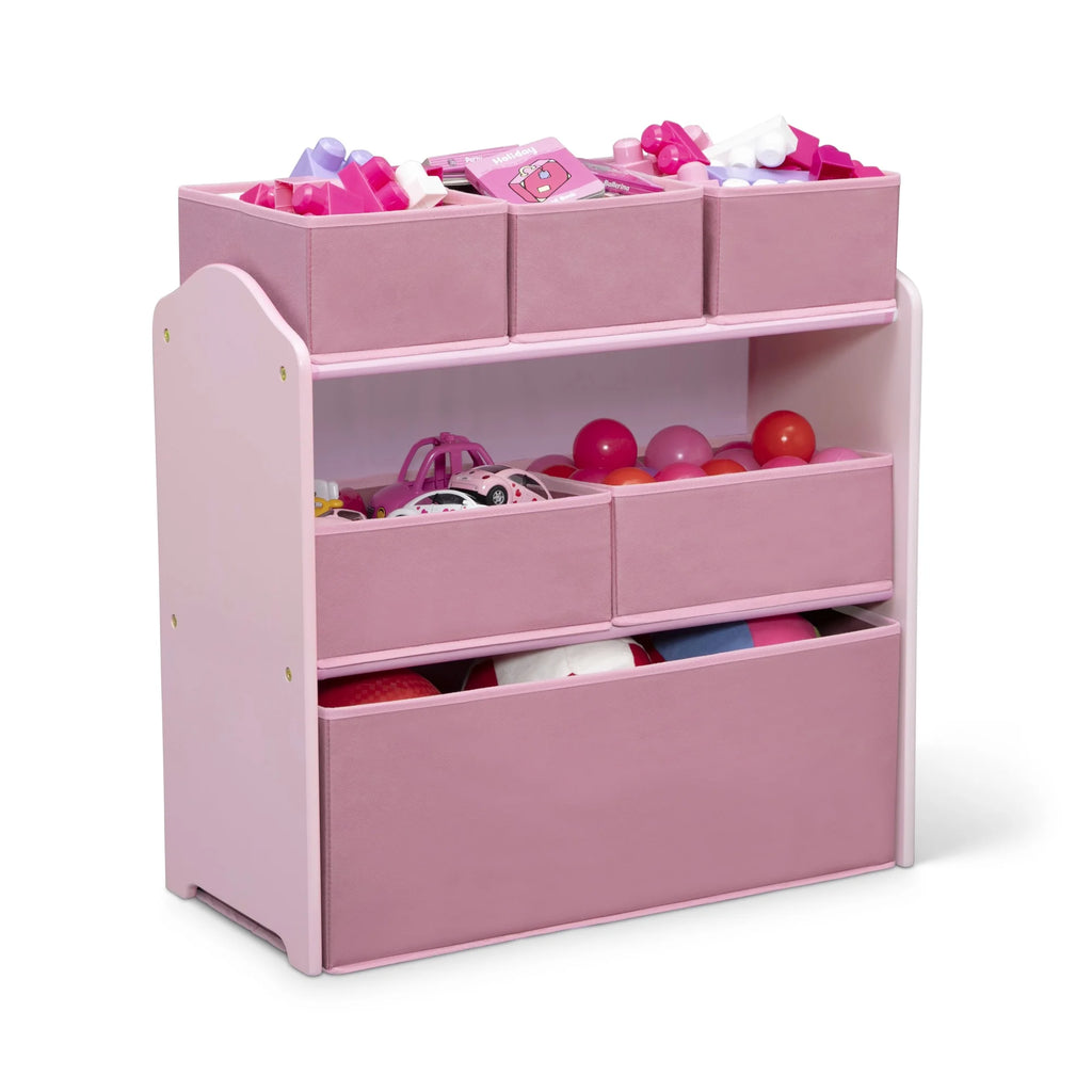 Delta Children 4 - Piece Toddler Playroom Set - Includes Play Table, 2 Chairs and 6 Bin Toy Organizer with Reusable Vinyl Cling Stickers, Light Pink/Dark Pink