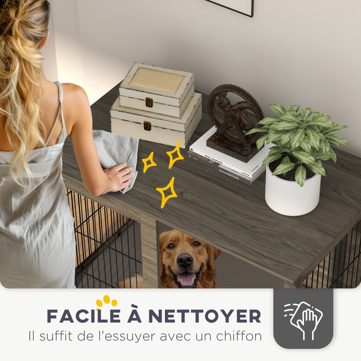 PawHut Hundekäfig 2-in-1 Beistelltisch mit abnehmbarem Plüschkissen, verriegelbarer Tür 100 x 60 x 73,5 cm in Grau