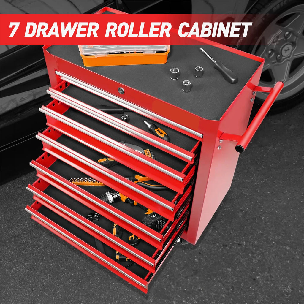 Aukfa Tool Chest, 24.5 in 7 - Drawer Steel Rolling Tool Box on Wheels for Workshop Garage, Red