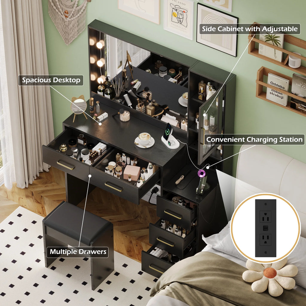 UGTOO 58.3" White Vanity Desk with Mirror, Adjustable Lighting, Power Outlet, Drawers, with Stool