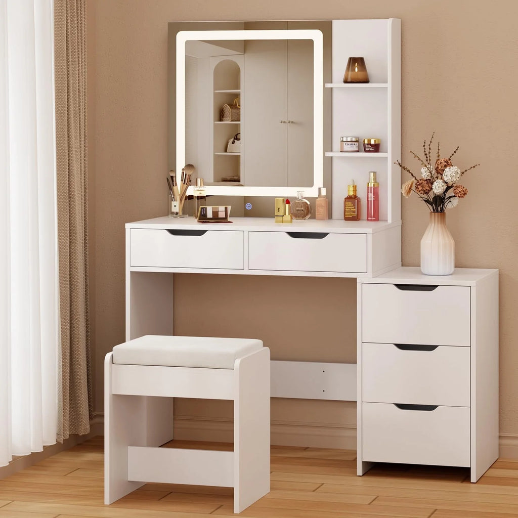 Makeup Vanity Desk with Mirror and Lights, 43.5 Vanity Table with 5 Drawers & Storage Shelves, White