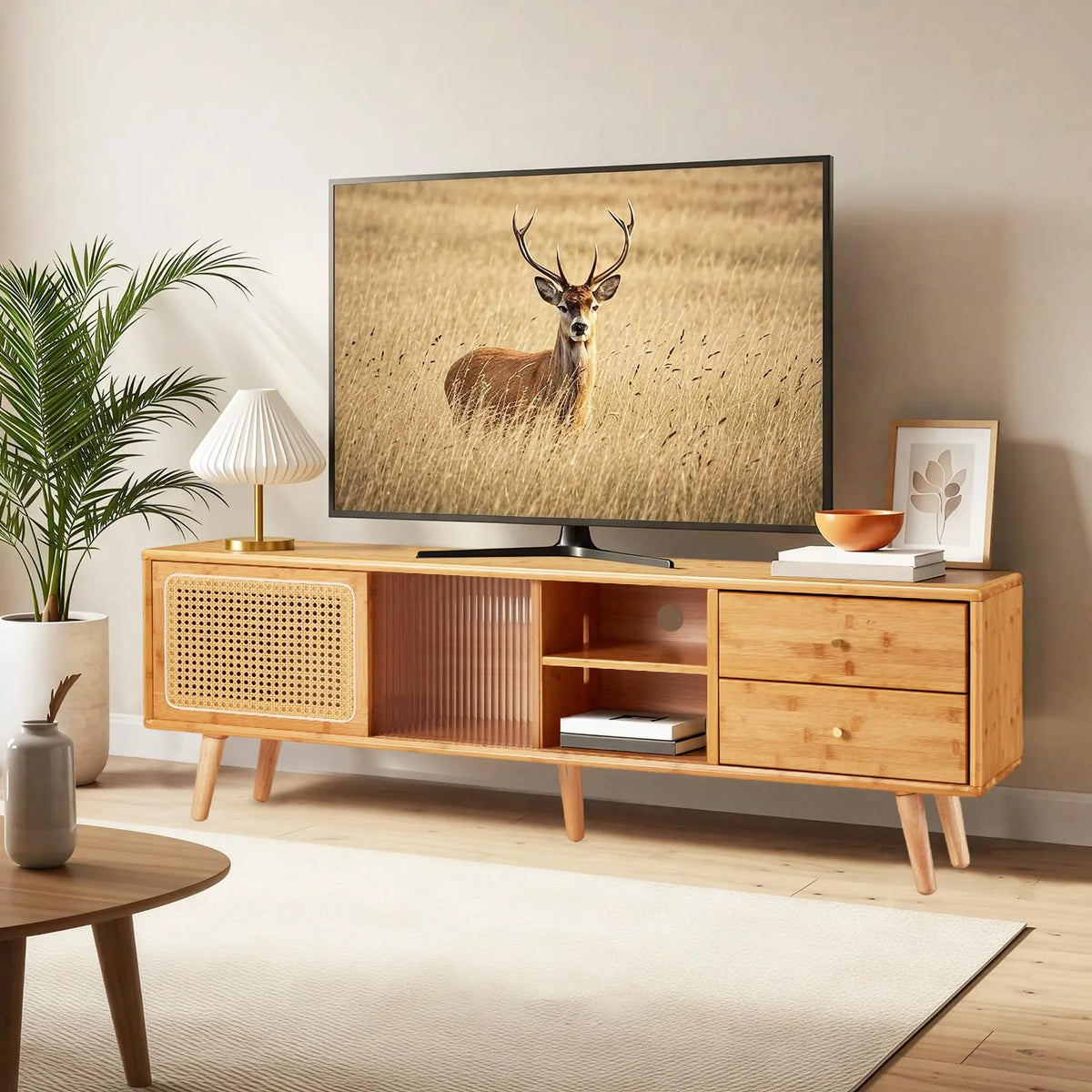 AECOJOY Rattan Boho TV Stand for TVs up to 65 inch, Entertainment Center with Rattan Door, Height-Adjustable Shelves & 4 Cabinets & Drawers