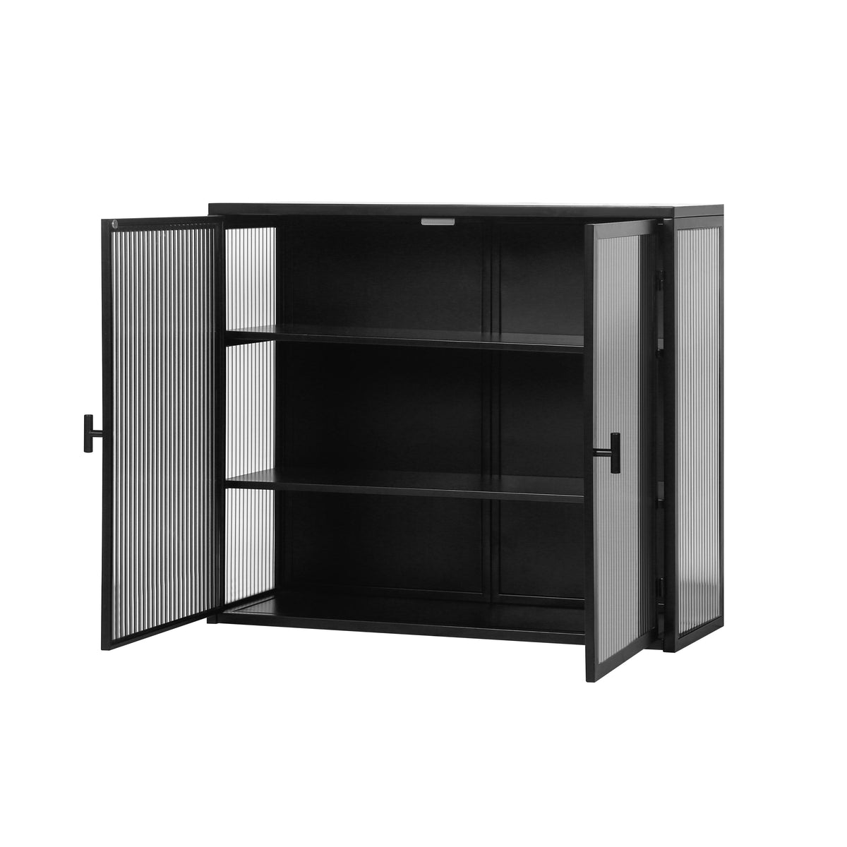 Badezimmerschrank hängend, Moderner Wandschrank 70x23x60 cm mit Glasfront und dreistufigen Regalen, Schwarz
