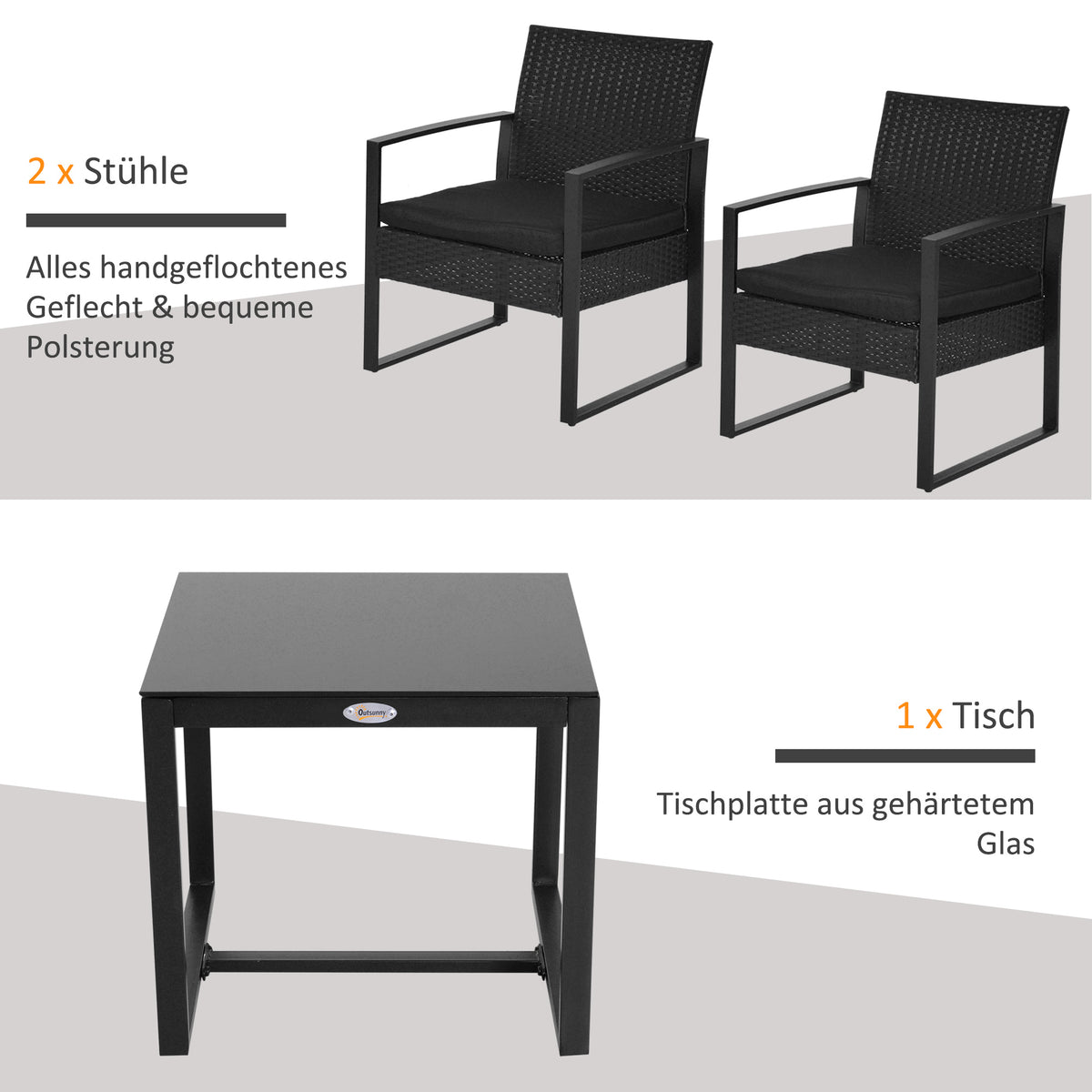 Outsunny Polyrattan Gartenset für 2 Personen Balkonmöbel Set mit Kissen Schwarz
