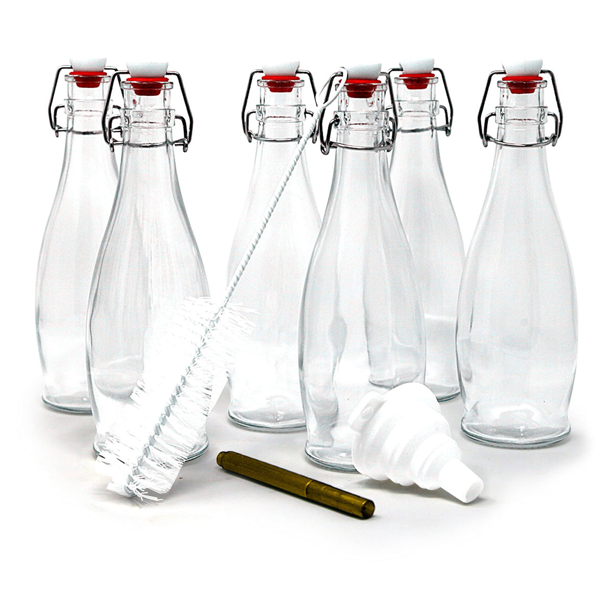 17 oz. Glass Bottles with Swing Top Stoppers, Bottle Brush, Funnel, and Gold Glass Marker (Set of 6)