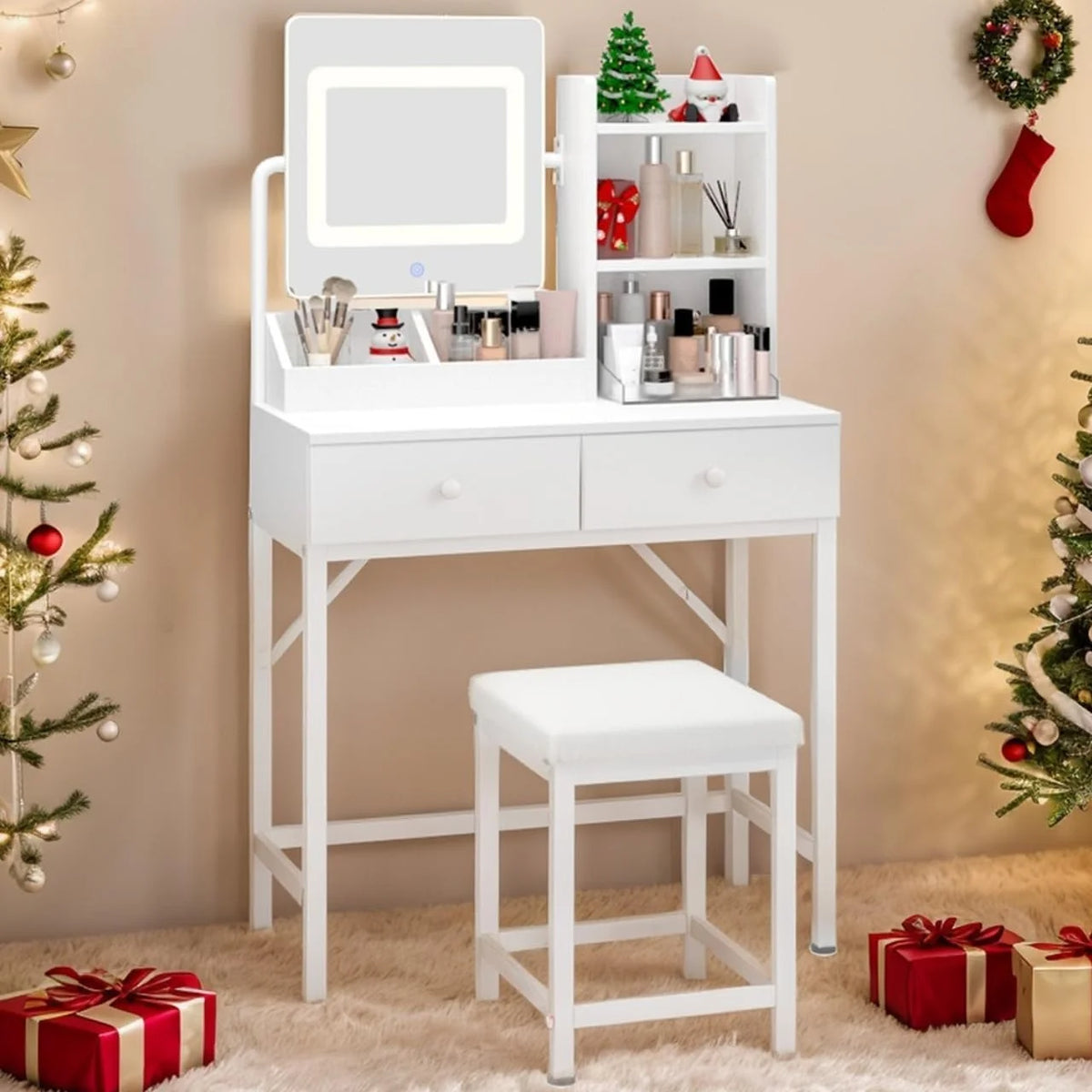 Makeup Vanity Desk with Mirror and Lights, 43.5 Vanity Table with 5 Drawers & Storage Shelves, White
