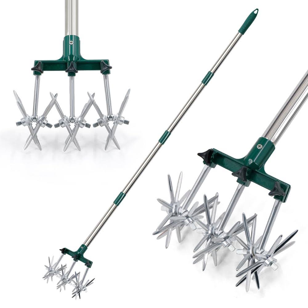 Altdorff Rotary Cultivator Set, 25"-63" Adjustable Gardening Rotary Tiller and Hand-Held Garden Cultivator Swith Aluminum Detachable Tines, Reseeding