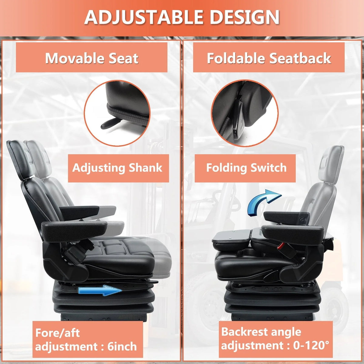 TICSEA Heavy Duty Tractor Foldable Seat with Suspension, Retractable Seat Belt for Linde Forklift Tractor, Excavator Skid Loader Backhoe Dozer Telehandler