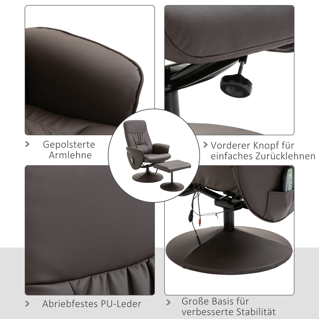 HOMCOM Relaxsessel mit Hocker, drehbarer Fernsehsessel mit 10 Massagepunkte, Liegefunktion, Massagesessel mit Fernbedienung, Seitentasche, TV-Sessel, Kunstleder, Braun