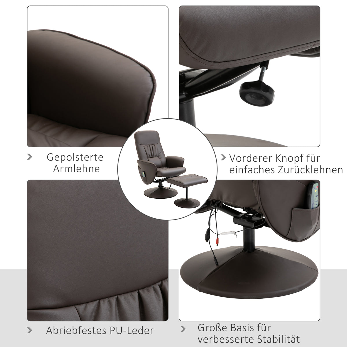 HOMCOM Relaxsessel mit Hocker, drehbarer Fernsehsessel mit 10 Massagepunkte, Liegefunktion, Massagesessel mit Fernbedienung, Seitentasche, TV-Sessel, Kunstleder, Braun