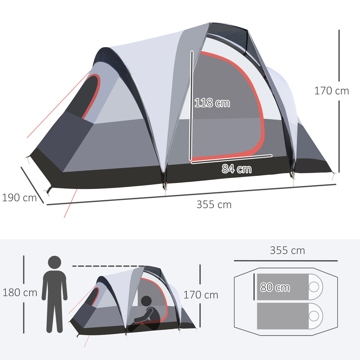 Outsunny Campingzelt für 2-3 Personen 3 bis 4 Jahreszeiten wasserdicht Doppelschicht-Mesh-Fenster 355 x 190 x 170 cm Grau
