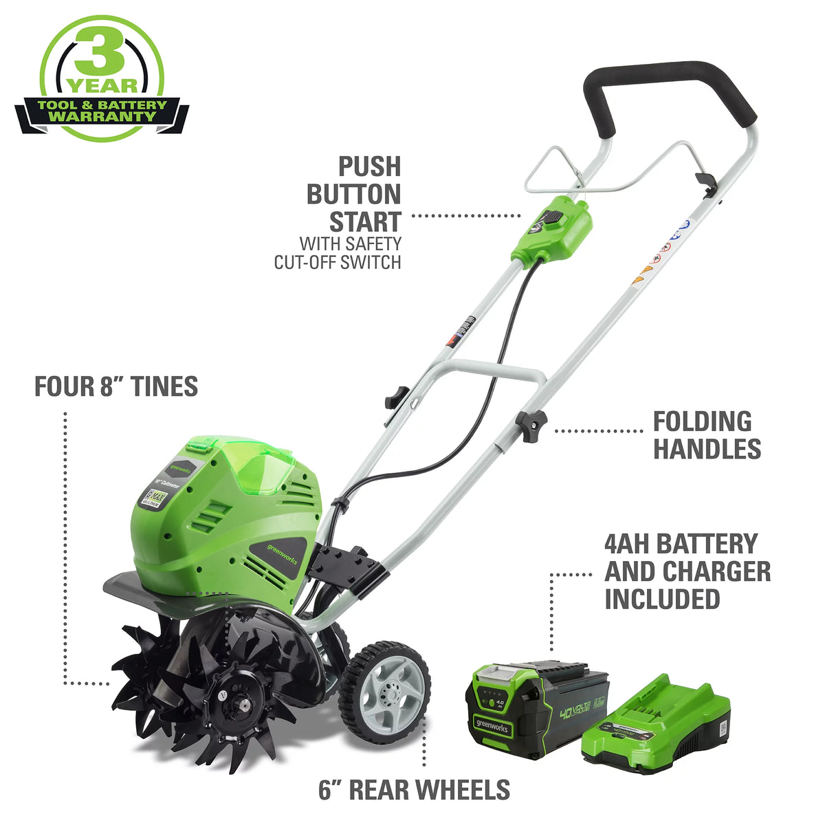40V 10-inch Cordless Cultivator/Tiller with 40 Ah Battery and Charger. 27062