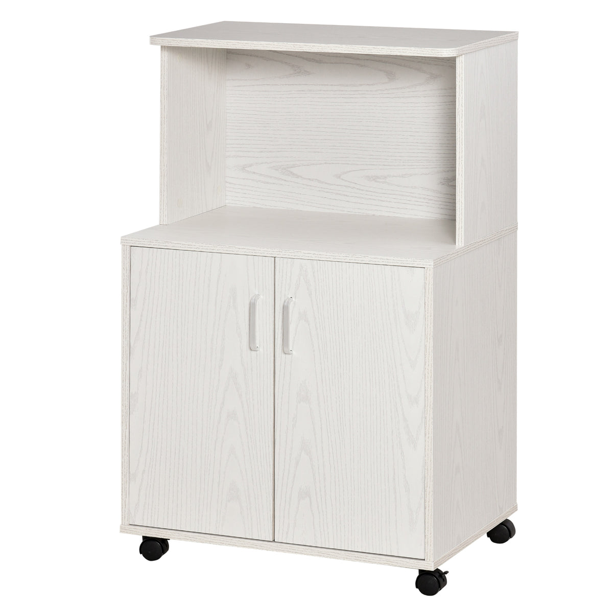 HOMCOM Rollbarer Mehrzweck-Küchenwagen mit Rädern, Schrank und Ablage für die Mikrowelle, hoher Schrank aus Spanplatte, 60,4x40,3x97cm Weiß