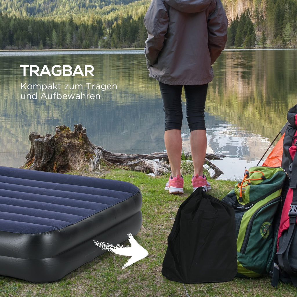 Outsunny Campingmatratze für 2 Personen, aufblasbar, eingebaute Pumpe, Tragetasche, 203 x 152 x 46 cm, Dunkelblau/Schwarz