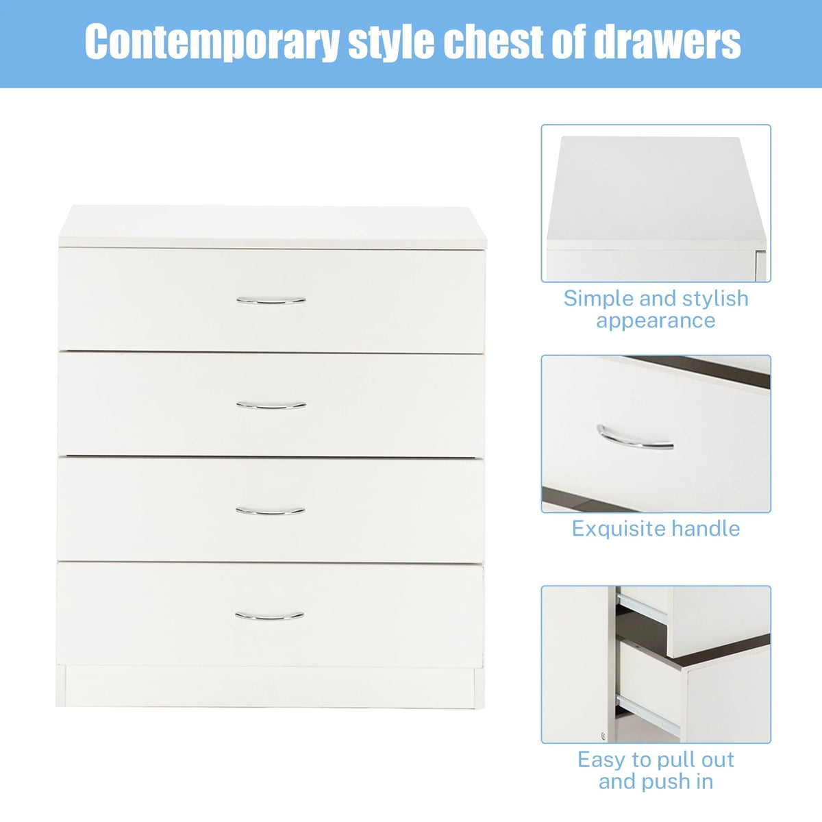 BTMWAY 4 Drawers Chest of Drawers, Wooden Chest of Drawers Storage Cabinet, Heavy Duty Wood Dresser Chest Cabinet for Bedroom, 25.98'' x 14'' x 22.05'', White