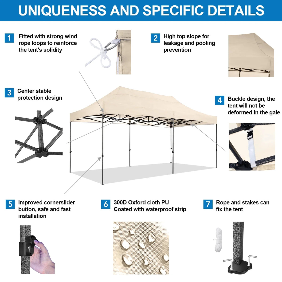 10'X20' Pop up Canopy Waterproof Folding Tent Outdoor Easy Set - up Instant Tent Heavy Duty Commercial Wedding Party Shelter with 6 Removable Sidewalls, 4 Sandbags, Roller Bag, Khaki