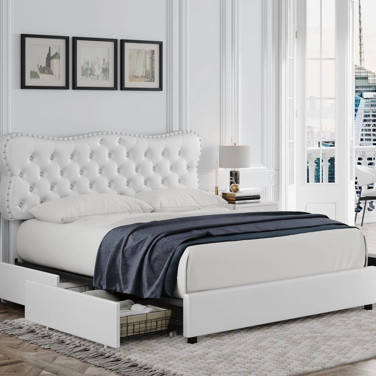 Homfa White Queen Bed Frame with Drawer, PU Leather Upholstered Storage Platform Bed Frame with Button Tufted Headboard, Noise Free