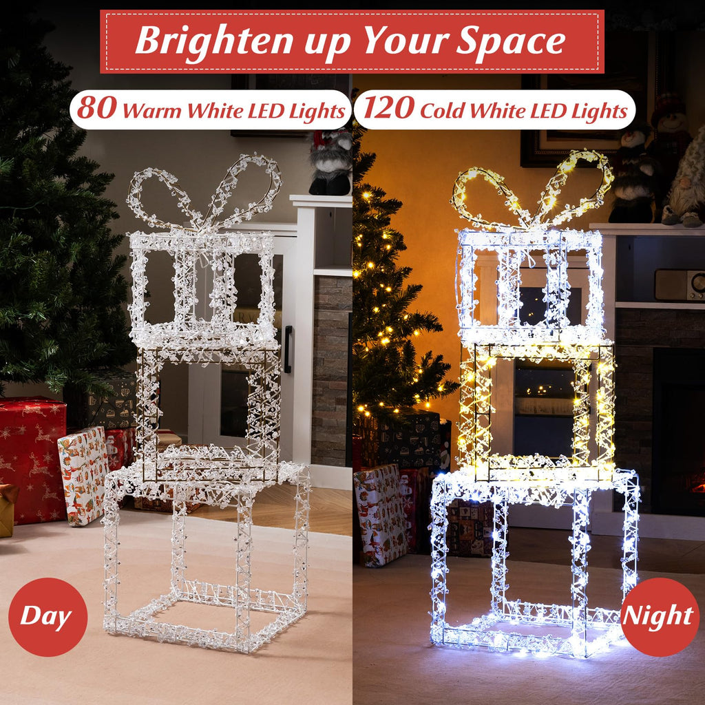 Tangkula Stacked Lighted Gift Boxes Set of 3 Pre-Lit Christmas Present Box Lights