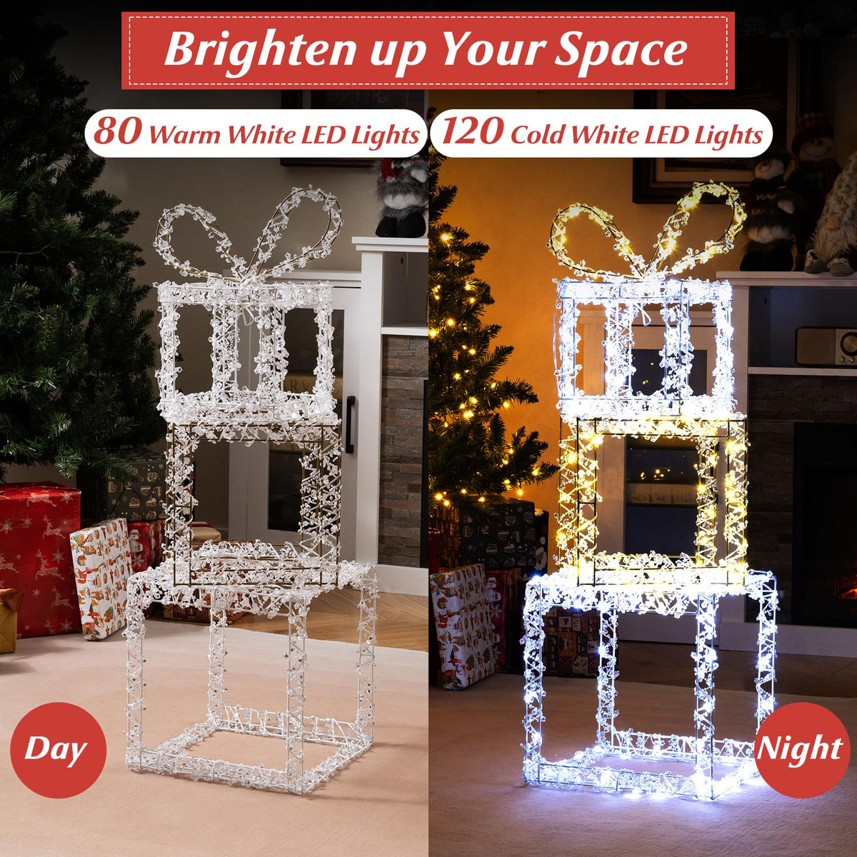 Tangkula Stacked Lighted Gift Boxes Set of 3 Pre-Lit Christmas Present Box Lights