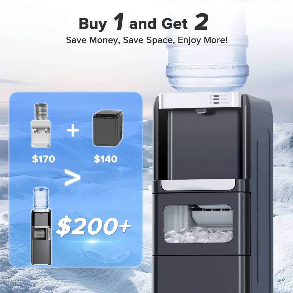 LHRIVER 2 - 5 Gallon Water Dispenser & 6 - Min Ice Maker, 3 - in - 1 Hot/Cold/Ice, Child Lock & Energy - Efficient, for Home/Office, Black