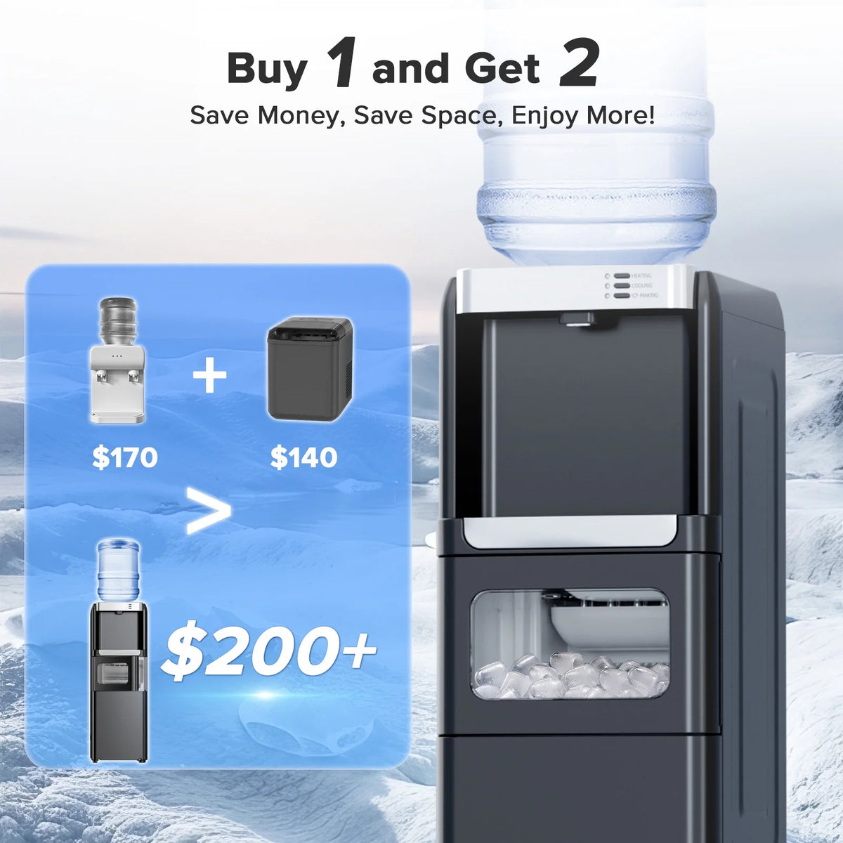 LHRIVER 2 - 5 Gallon Water Dispenser & 6 - Min Ice Maker, 3 - in - 1 Hot/Cold/Ice, Child Lock & Energy - Efficient, for Home/Office, Black