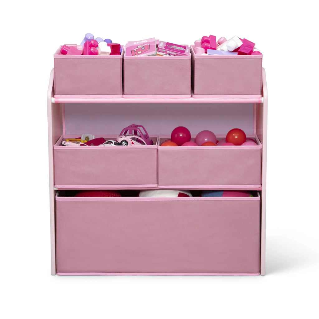 Delta Children 4 - Piece Toddler Playroom Set - Includes Play Table, 2 Chairs and 6 Bin Toy Organizer with Reusable Vinyl Cling Stickers, Light Pink/Dark Pink