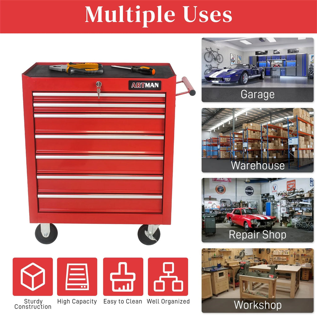 Aukfa Tool Chest, 24.5 in 7 - Drawer Steel Rolling Tool Box on Wheels for Workshop Garage, Red