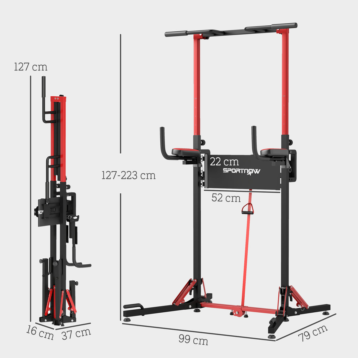 SPORTNOW Faltbarer Power Tower, Klimmzugstation, höhenverstellbar, für Push-ups und Liegestütze, Leichte Montage, Metall