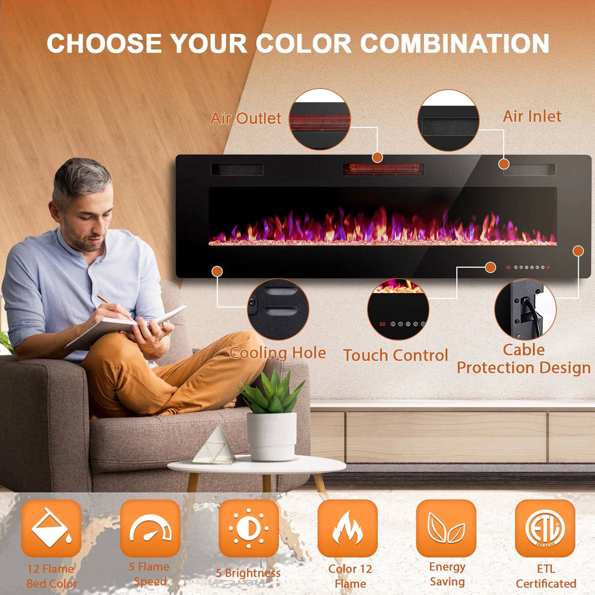 KISSAIR 60 Indoor Electric Fireplace Ultra Thin Fireplace, Wall Mounted Recessed Fireplace with Multiple Colors