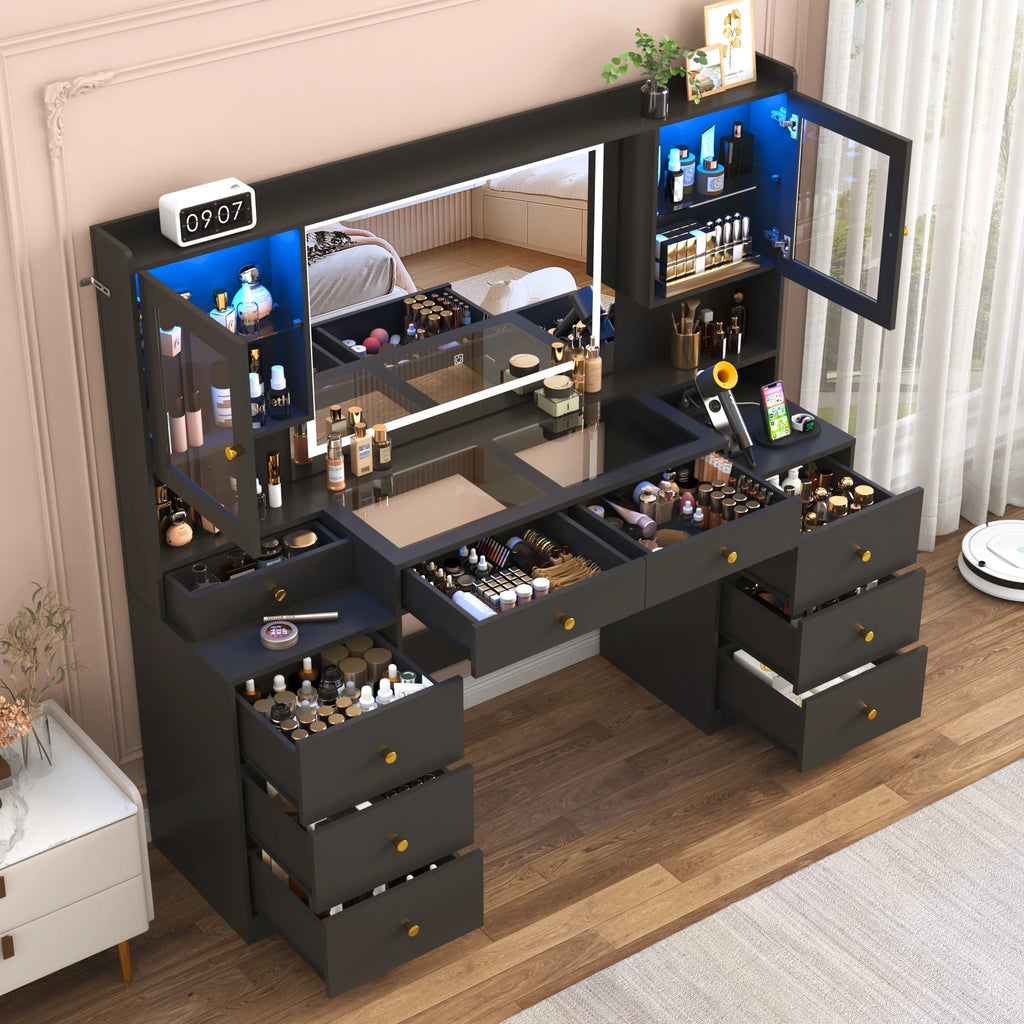 Blotout 62'' Large Vanity Desk W/60000 - Color LED Lights, Tempered Glass Top, Power Outlet, Makeup Vanity Table W/ 3 Lights Mode Mirror, 9 Drawers, 2 RGB Cabinets, LED Dressing Table for Girls, Women