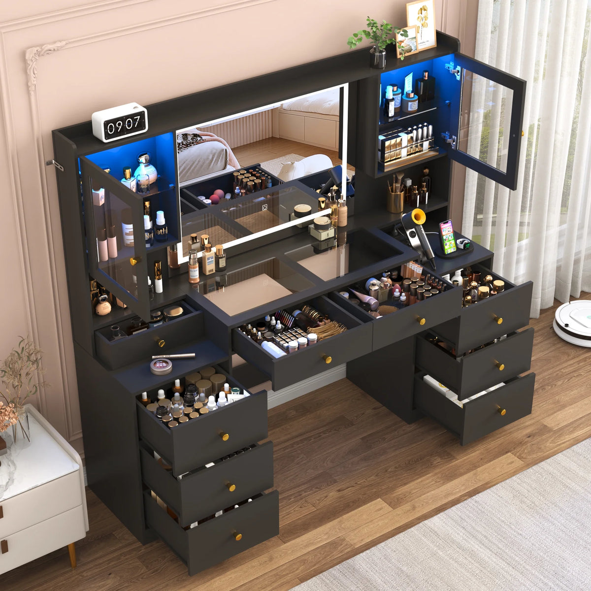 Blotout 62'' Large Vanity Desk W/60000 - Color LED Lights, Tempered Glass Top, Power Outlet, Makeup Vanity Table W/ 3 Lights Mode Mirror, 9 Drawers, 2 RGB Cabinets, LED Dressing Table for Girls, Women