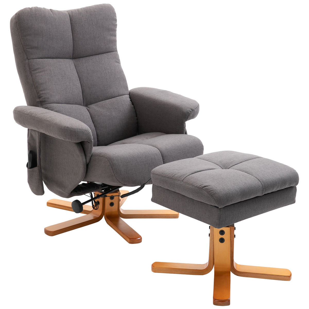 HOMCOM Relaxsessel mit Fußhocker, Stauraum, Elektrischer Massagesessel mit Liegefunktion, Drehbarer Fernsehsessel mit Seitentasche, Fernbedienung, Holzrahmen, Polyester, Dunkelgrau