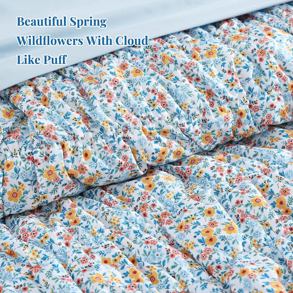 7 Pieces Blue Classic Puff Floral Bedding Sets for All Seasons, Shabby Chic Farmhouse Bed in a Bag Queen with Wildflowers Fluffy Comforter, Sheets, Pillowcases & Shams