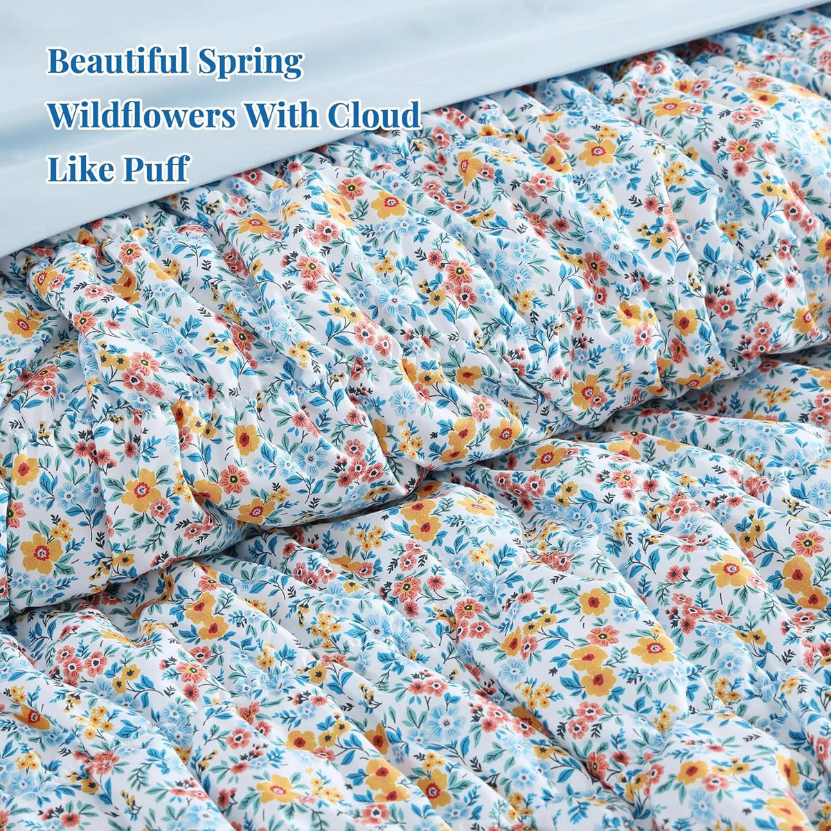 7 Pieces Blue Classic Puff Floral Bedding Sets for All Seasons, Shabby Chic Farmhouse Bed in a Bag Queen with Wildflowers Fluffy Comforter, Sheets, Pillowcases & Shams