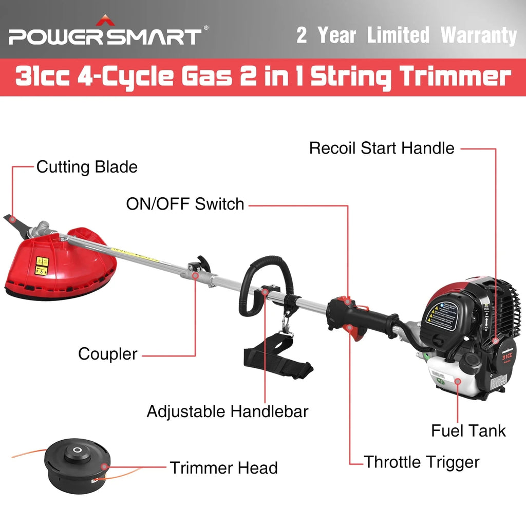Powersmart 4 - Cycle 31cc 15 lb Straight Shaft Gas String Trimmer Weed Wacker and Brush Cutter for Lawns and Grass