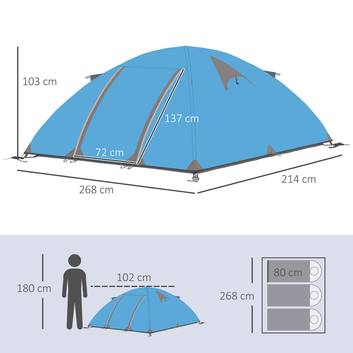 Outsunny Familien-Campingzelt für 2-3 Personen, leichtes belüftetes Kuppelzelt mit Reißverschlusstüren, inklusive Transporttasche, 268 x 214 x 103 cm, Blau