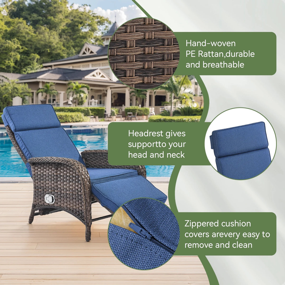 OPOHORO Outdoor Recliner Chair, Adjustable Reclining Patio Chair with Cushion, Wicker Outdoor Chaise Lounge with Adjustable Backrest and Footrest, Ideal for Pool Deck, Beige